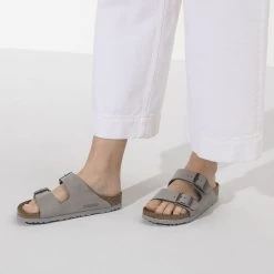 Birkenstock Arizona Soft Footbed Nubuck Leather - Dove Gray (Narrow Width) -Sandals Outlet 1020973 f closeup f 67442.1636057351