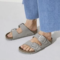 Birkenstock Women's Arizona Big Buckle Nubuck Leather - Dove Gray (Narrow Width) -Sandals Outlet 1022154 f closeup f 98403.1697477069