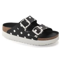 Birkenstock Papillio Women's Arizona Platform Vegan Birko-Flor - Black White Dots (Narrow Width)