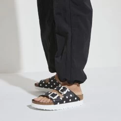 Birkenstock Papillio Women's Arizona Platform Vegan Birko-Flor - Black White Dots (Narrow Width) -Sandals Outlet 1024598 f closeup f 27617.1683309119